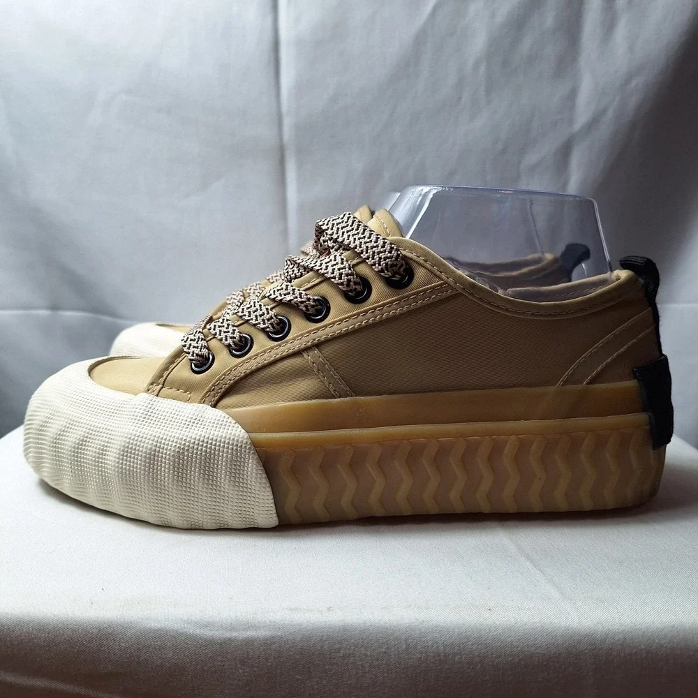 ZARA Toecap Trainer Sneaker Womens Sz 6 Beige Canvas Platform Stackform Gum Sole